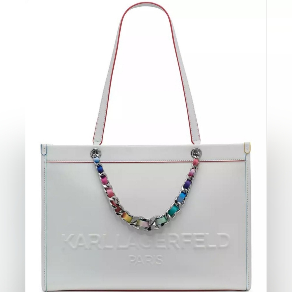 Karl Lagerfeld White Tote with Multicolor Chain Detail